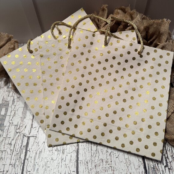 Set of 3 Organic Eco Gift Bags Cream Gold Polka Dots - Picture 1 of 1